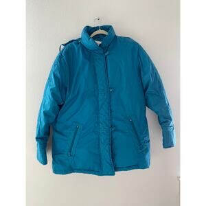 Vintage 80s 90s Teal Down Puffer Coat XL Oversized Hooded Jacket Made in Korea